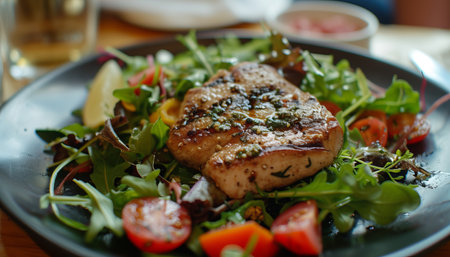 Grilled tuna steak with arugula and tomato salad on plateの素材