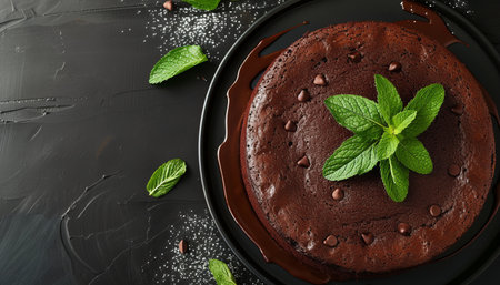 Plate with tasty chocolate cake on table, top view. Space for textの素材