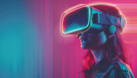 Young woman wearing virtual reality goggles. Future technology and entertainment concept.の素材
