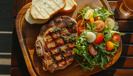 Tasty grilled steak with salad and bread on wooden table, closeupの素材