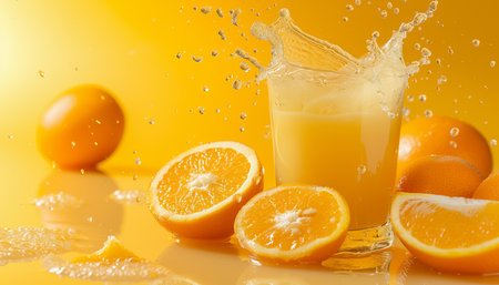 Fresh orange juice splashing into glass with splashes on yellow backgroundの素材