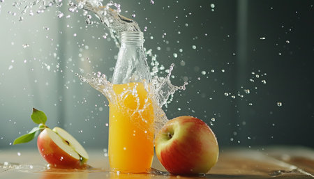 bottle of apple juice and fresh apples on wooden table with water splashの素材