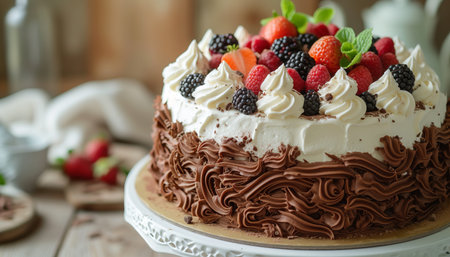 Chocolate cake with whipped cream and fresh berries, selective focus.の素材