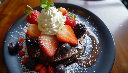 Chocolate pancakes with berries and whipped cream on a wooden table.の素材