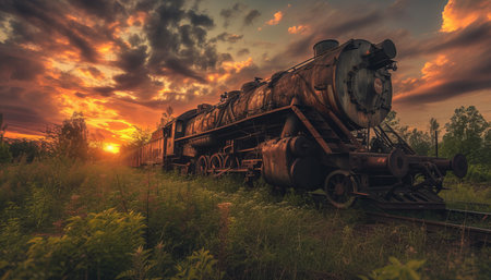 Old steam locomotive at sunset. Vintage style toned picture.の素材