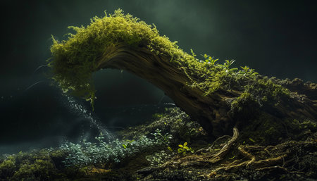 Green moss growing on an old dead tree trunk in a dark waterの素材
