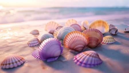 Beautiful seashells on the beach at sunset. Summer vacation conceptの素材