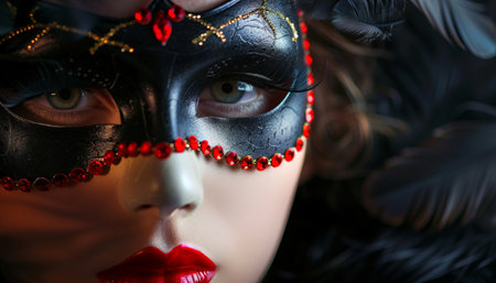 Close-up portrait of a beautiful woman with carnival mask.の素材