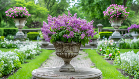 Vase with lilac flowers in the park. Spring background.の素材