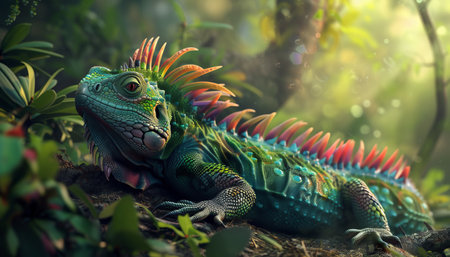 Green iguana in the rainforest. Colorful iguana.の素材