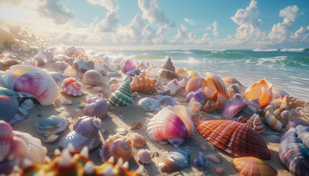 Seashells on the beach at sunset. Summer vacation concept.の素材