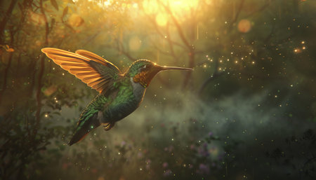 Hummingbird flying in the misty forest at sunset. Collage.の素材