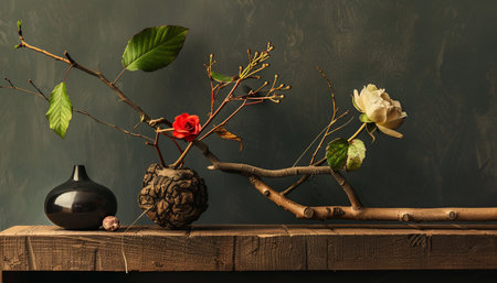 Still life with flowers in vases on wooden shelf against dark backgroundの素材