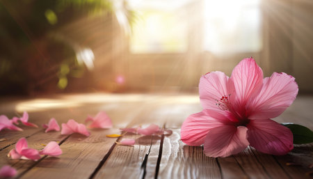 Pink hibiscus flower with petals on a wooden tableの素材