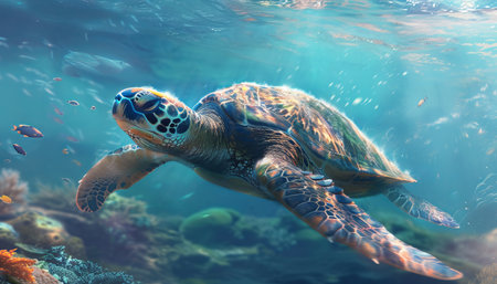Green sea turtle swimming in the ocean. Green sea turtle in the ocean.の素材