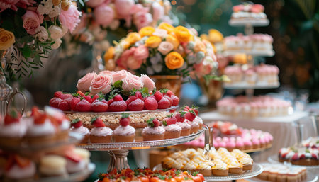 Delicious and sweet dessert table with cupcakes and shots at reception closeupの素材