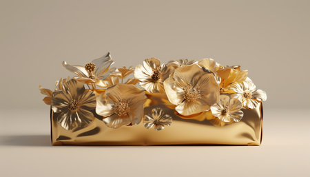 Golden gift box with flowers on a light background. 3d renderingの素材