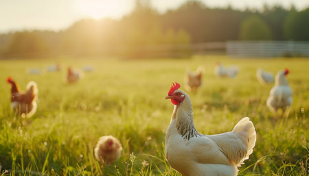Chickens and rooster on the green grass in the sunlightの素材