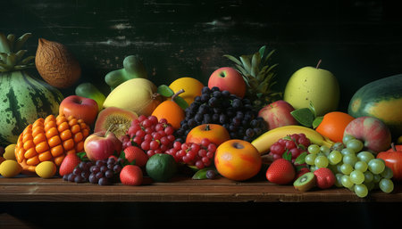 Fruits were placed together in a wooden box, with a dark background.の素材