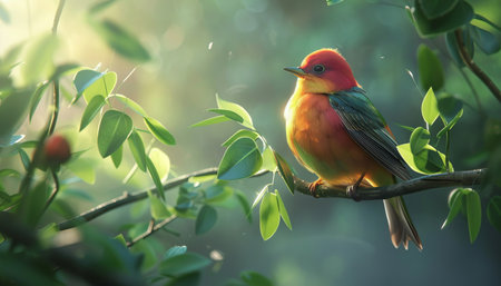 beautiful red bird sitting on a branch in the morning light.の素材