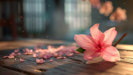 Pink flower and petals on a wooden table with bokeh backgroundの素材