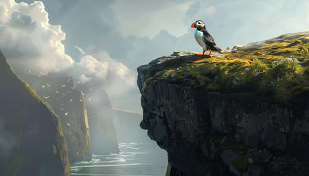 Puffin standing on a cliff above the sea. 3d renderingの素材