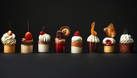 Different types of ice cream in a row on a black background.の素材