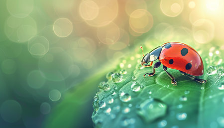ladybug on green leaf with bokeh light background.の素材