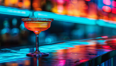 Alcohol cocktail drink on the bar in night club with colorful lightsの素材
