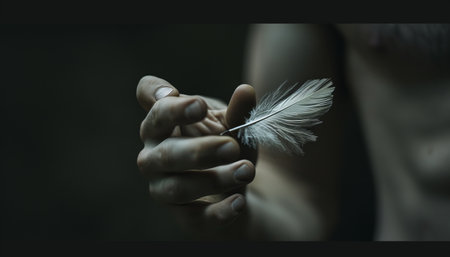 Feather in the hands of a young man. Dark background.の素材