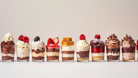 Tiramisu desserts in small glasses on a white background.の素材
