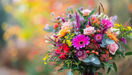 Bouquet of colorful flowers in the vase on blurred backgroundの素材