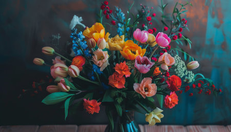 Bouquet of colorful tulips in vase on wooden backgroundの素材