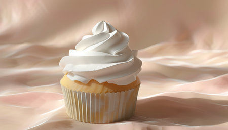 Cupcake with whipped cream on silk background. 3d illustrationの素材