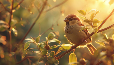 Sparrow sitting on a branch in the rays of the setting sunの素材