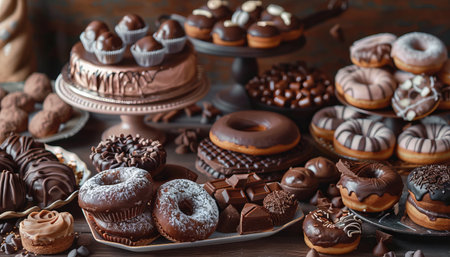 Variety of delicious chocolate candies and donuts on wooden tableの素材
