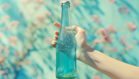 Female hand holding a bottle of water on a blue background with flowersの素材