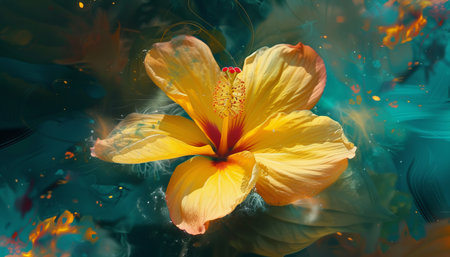 Yellow hibiscus flower in water with yellow petals and splashesの素材