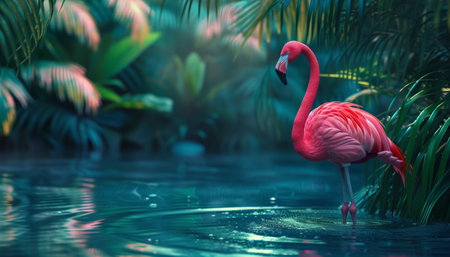 Pink flamingo in the lake with palm leaves. 3d renderingの素材