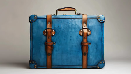 Blue vintage suitcase on a gray background. 3d rendering image.の素材