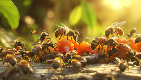 Honey bee collecting nectar from orange fruit. Close up viewの素材