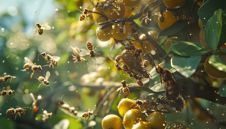 Honey bees on lemon tree in the garden. Close up.の素材