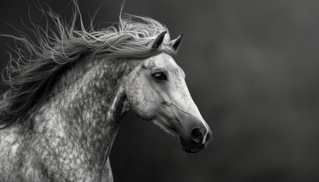 Portrait of a beautiful arabian stallion in black and whiteの素材