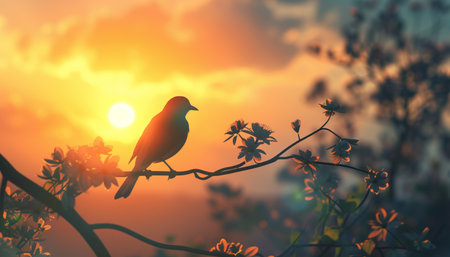 Bird on the tree with beautiful sunset background, vintage color tone.の素材
