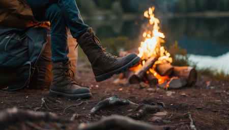 Camping in the forest. Close-up of a man sitting near the campfireの素材