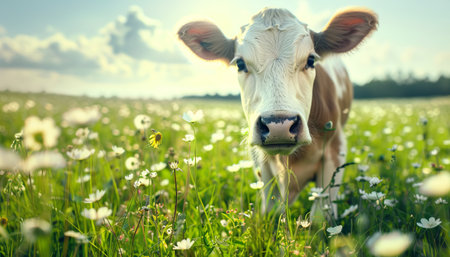Cow on a meadow with daisies at sunset in summerの素材