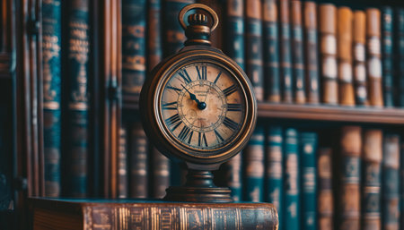 Antique clock on bookshelf in library, vintage style.の素材