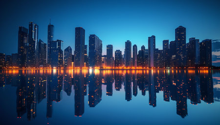 Night view of skyscrapers in the city. Reflection in the water.の素材