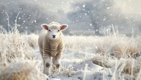 Sheep in winter field with snow falling. Snowfall in countryside.の素材