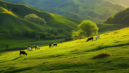 Cows graze on a green meadow in the mountains.の素材